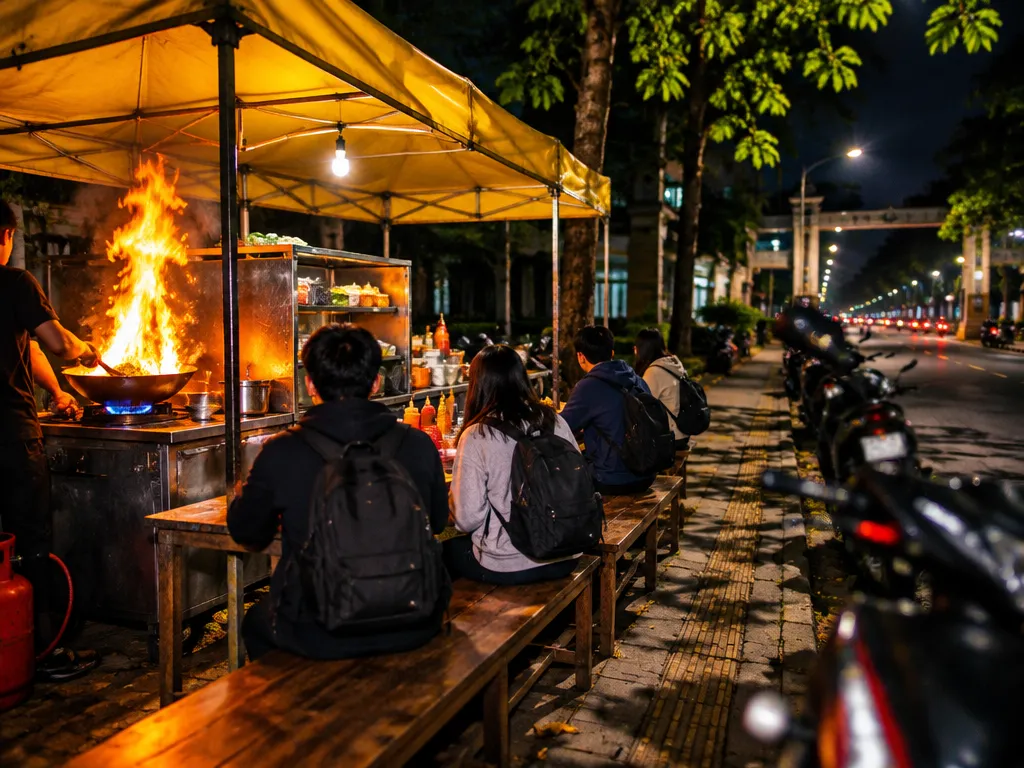 Tenda terpal kuning di trotoar dekat gerbang kampus pada malam hari, api wajan tinggi, beberapa mahasiswa duduk di bangku kayu terlihat dari belakang, motor berjajar di pinggir jalan.