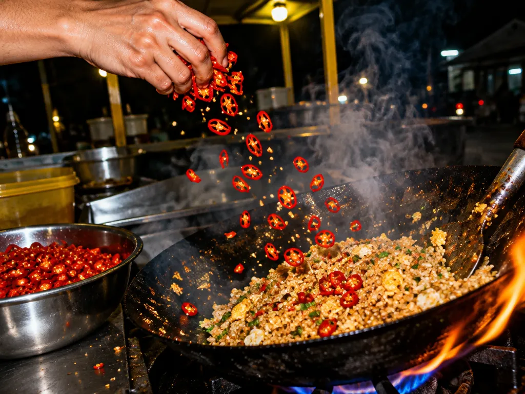 Tangan menabur segenggam irisan cabai rawit merah ke wajan berisi nasi goreng yang berasap, api kecil menjilat pinggir wajan.