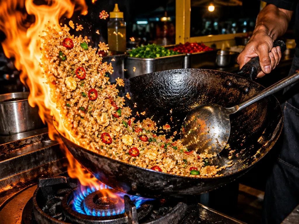 Wajan besi di tengah lemparan, lembaran nasi goreng terangkat dari dasar wajan dan tersambar api, sendok sayur di pinggir wajan.