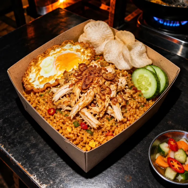 Kotak kertas berisi nasi goreng keemasan dengan tumpukan ayam suwir, telur ceplok, timun, dan kerupuk udang.