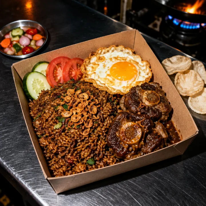 Kotak kertas berisi nasi goreng gelap, dua potong buntut sapi berkuah kental, telur ceplok, tomat, dan timun.