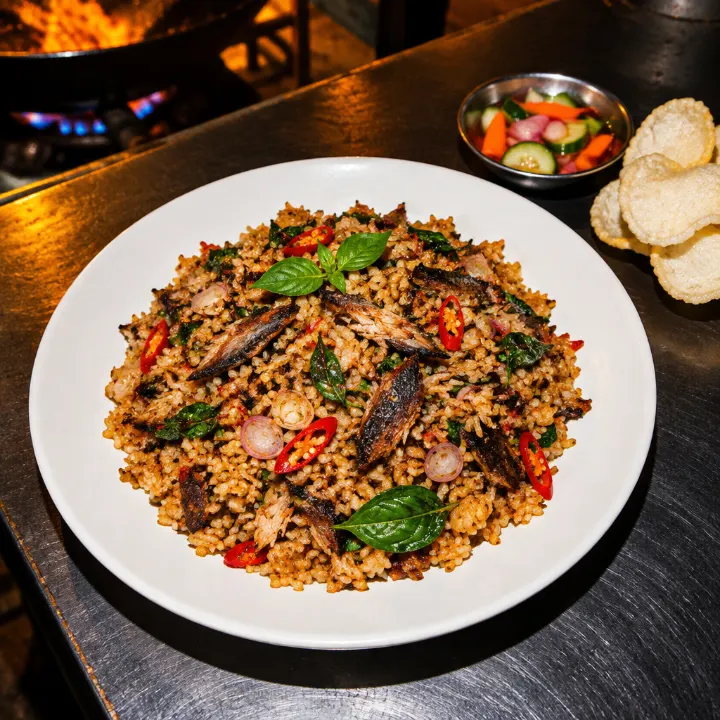 Nasi goreng dengan suwiran cakalang asap, daun kemangi, irisan cabai merah, dan bawang merah di piring putih.