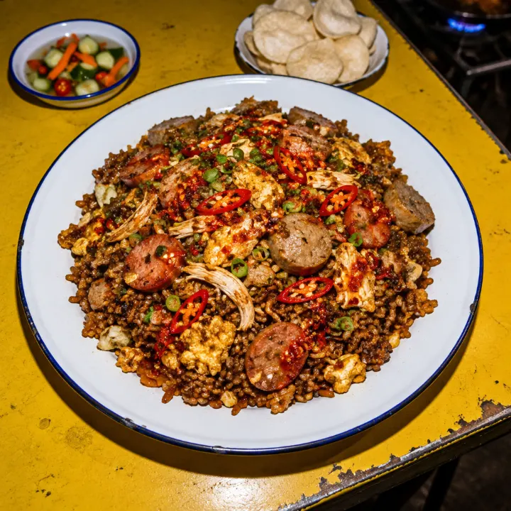 Nasi goreng kecap di piring enamel putih, tertutup orak-arik telur, sosis, bakso, ayam suwir, dan irisan cabai rawit.