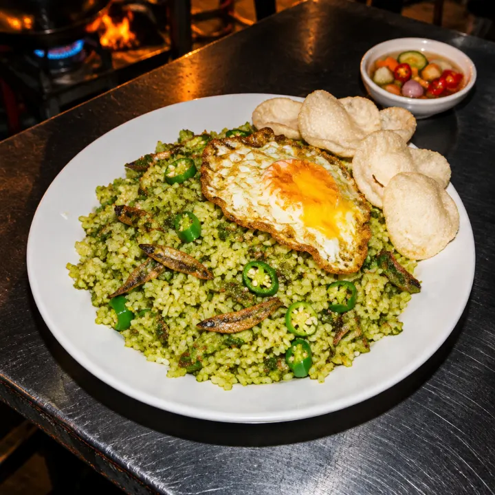 Nasi goreng hijau pucat bercampur sambal cabai ijo dan teri, dengan telur ceplok dan irisan cabai hijau.