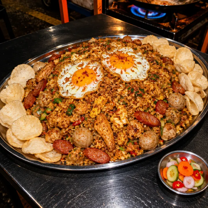 Nampan baja oval besar berisi gunungan nasi goreng dengan dua telur ceplok, sosis, bakso, ayam, dan kerupuk di pinggirnya.