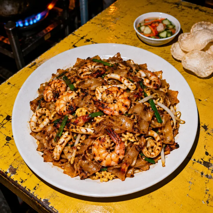 Kwetiau lebar yang gosong tipis dengan udang, cumi, tauge, telur, dan kucai di piring putih.