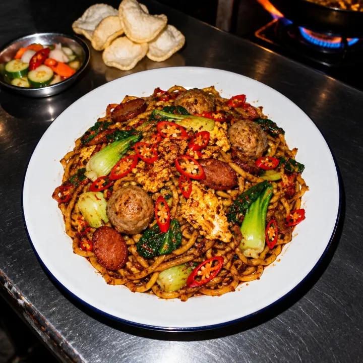 Mie telur tebal goreng mengilap dengan sosis, bakso, sawi, telur, dan banyak irisan cabai merah.