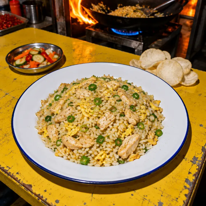 Nasi goreng putih keemasan tanpa kecap dengan ayam, pita telur, dan daun bawang di piring enamel putih.