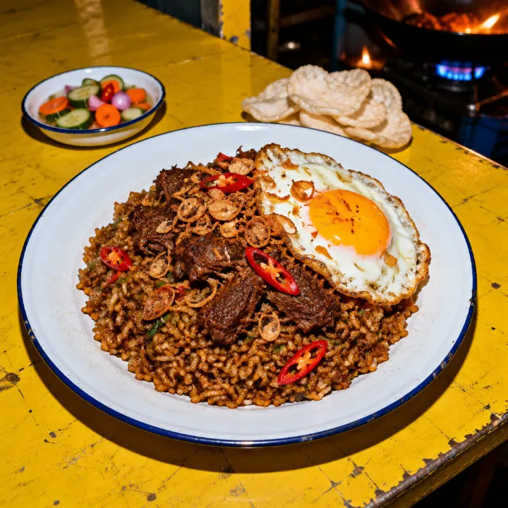 Nasi goreng cokelat berbumbu dengan suwiran rendang sapi, bawang goreng, telur ceplok, dan irisan cabai merah.