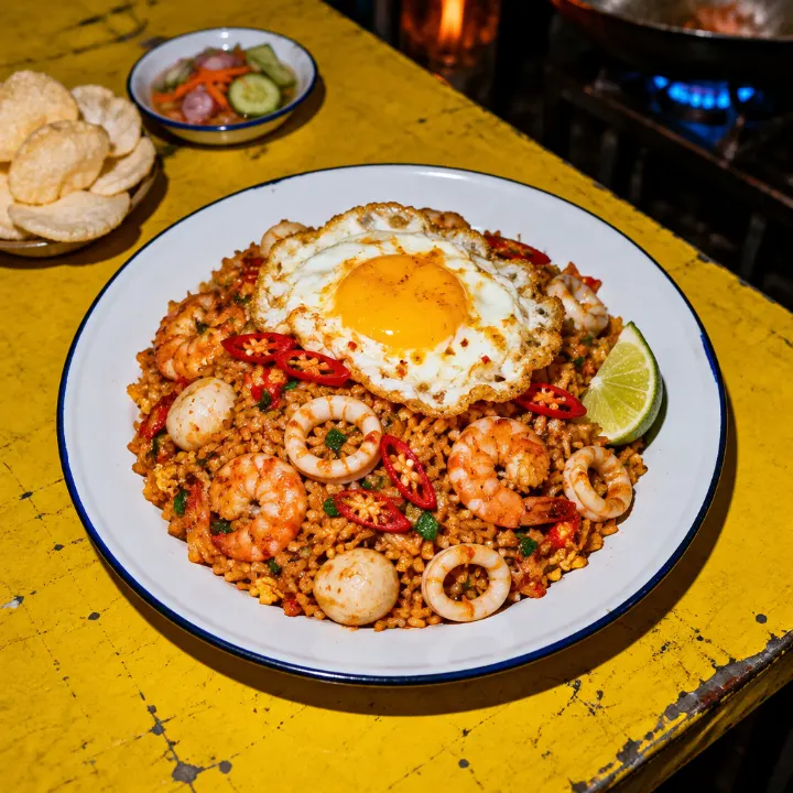 Nasi goreng merah dengan udang, cincin cumi, dan bakso ikan, telur ceplok di atasnya dan sepotong jeruk nipis.