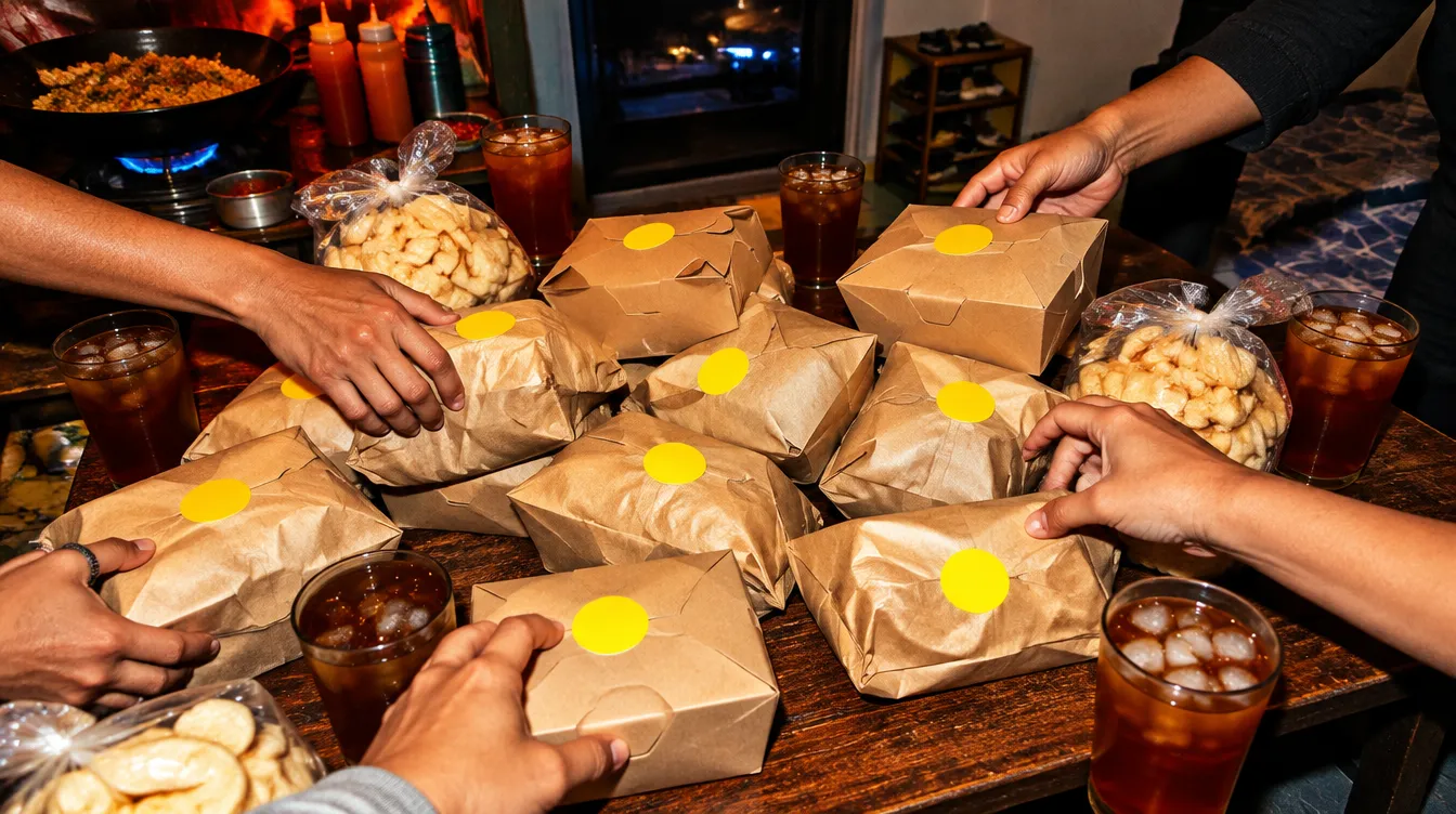 Banyak bungkus nasi goreng kertas cokelat berstiker bulat kuning di meja kamar kos, beberapa tangan meraih bungkusnya masing-masing, ada es teh dan kerupuk.